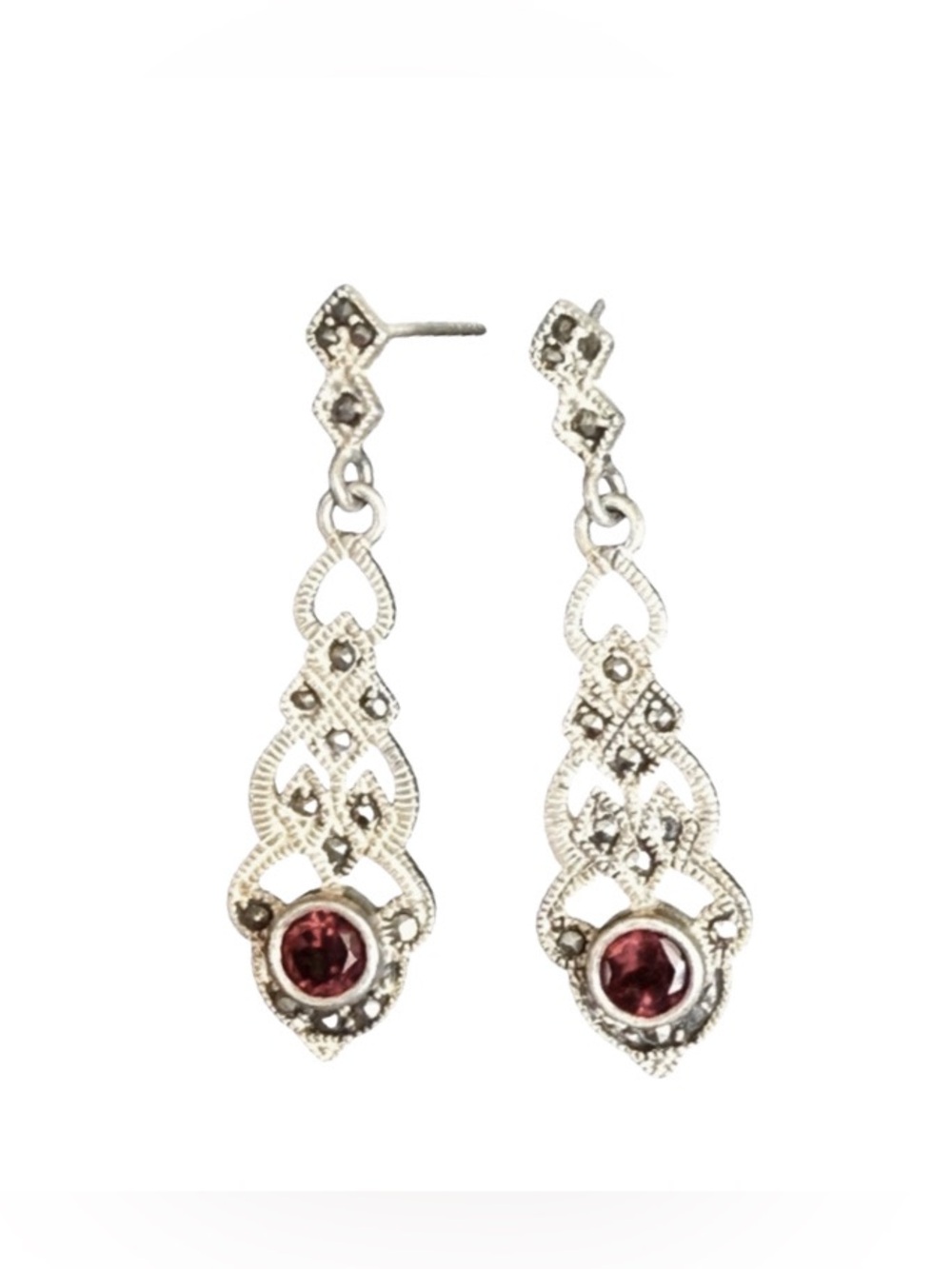 Sterling Silver Filigree Red Crystal Drop Post Earrings